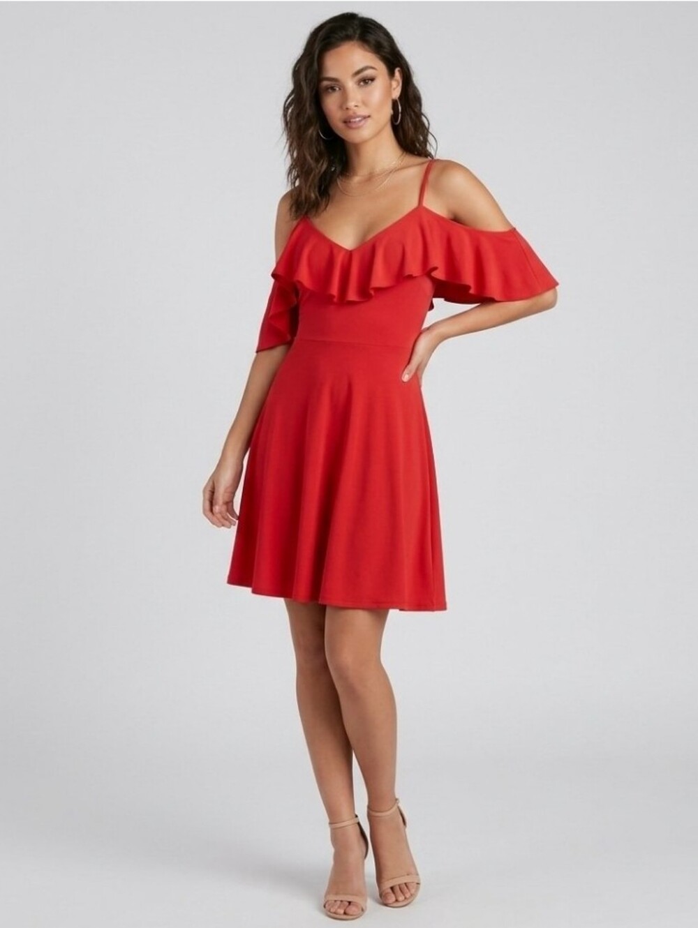 Express Women's Vibrant Red Cold Shoulder Spaghetti Strap Dress Ruffle XS